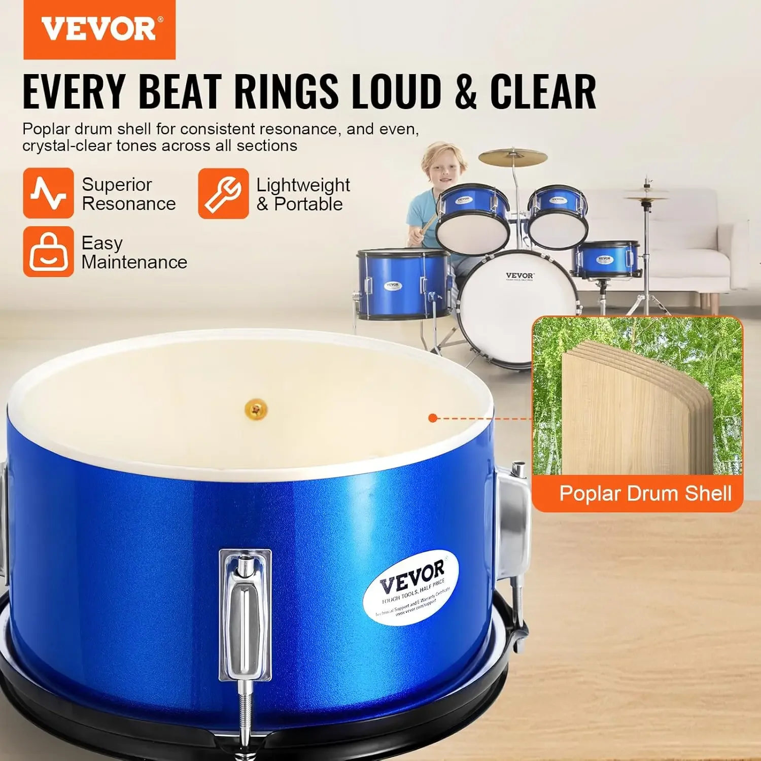 Kids Drum Set, 5-Piece, 16 in Beginner Full Drum Set with Bass Toms Snare Floor Drum Adjustable Throne Cymbal Hi-Hat Pedal