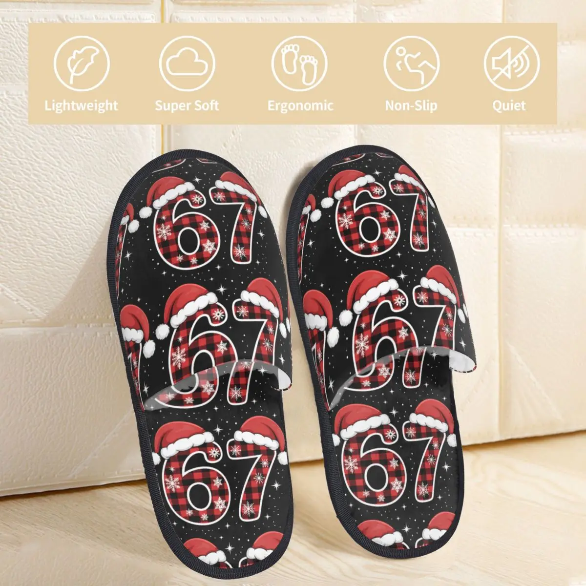 Christmas Number 67 Xmas Lights Santa Home Cotton Slippers Living Room Six Seven Soft Household Fur Slides Slippers Non-skid