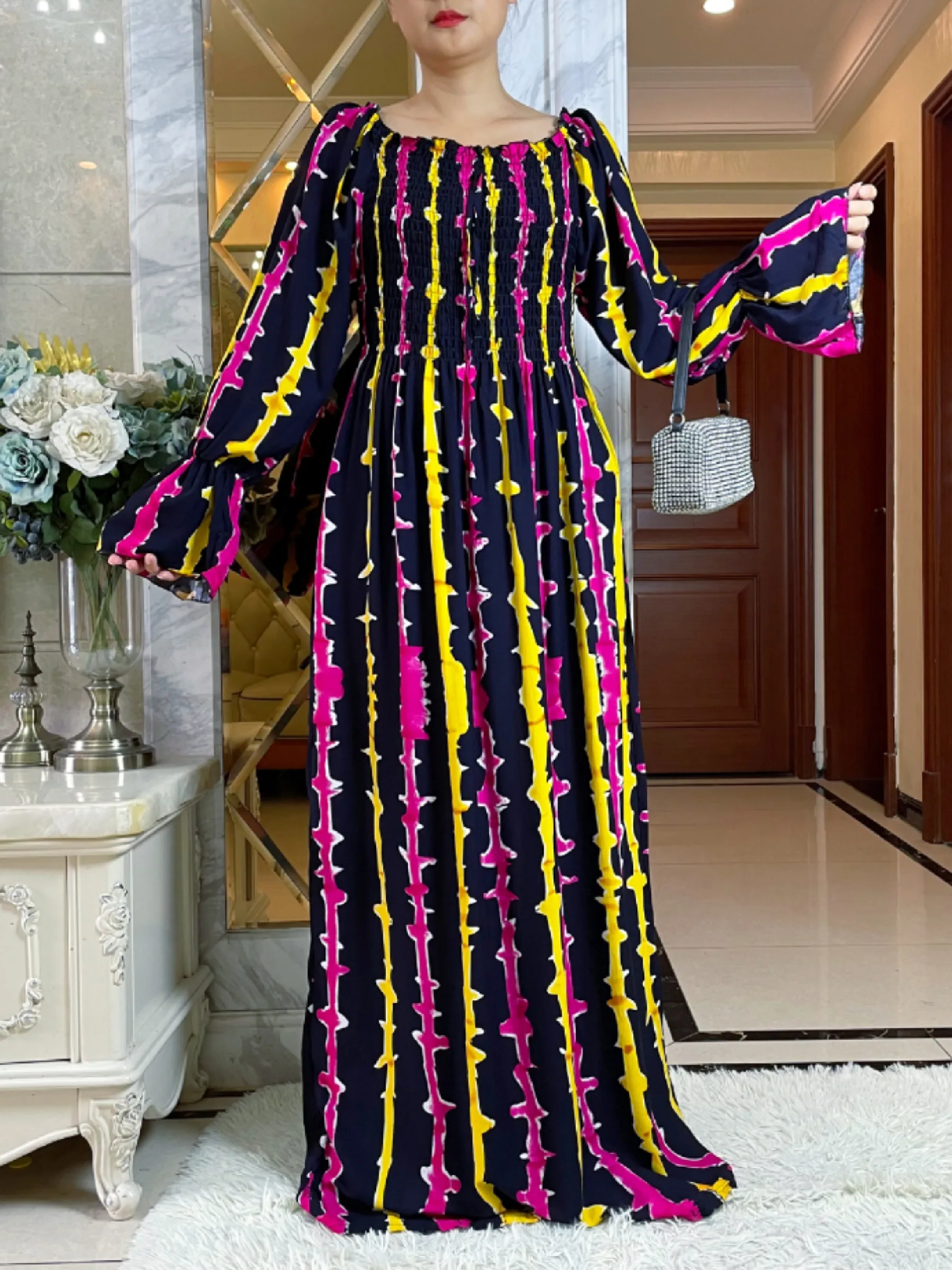 New Muslim  Autumn Abaya For Women Dubai Islamic printing Dress  Dubai Turkey  Long Sleeve Cotton  Arab  Evening Party Dress