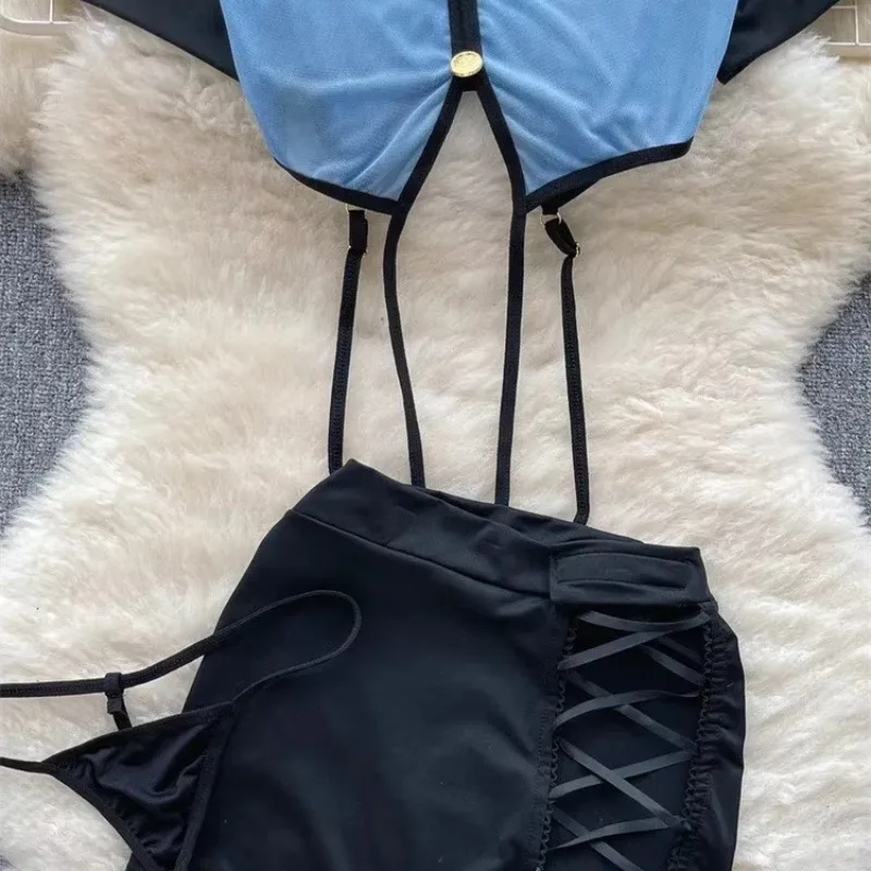 Tornova Preppy สไตล์ชุดเซ็กซี่ชุดผู้หญิง 2024 V คอ SHEER TOP + Lace Up กระโปรงมินิ + Thongs Hollow OUT คอสเพลย์โป๊ชุด