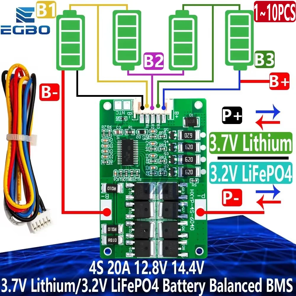 1~10PCS 4S 20A 12.8V14.4V 32650 32700 Lifepo4 Battery Balanced BMS for Electric Boat Uninterrupted Power Supply 12V Car Battery