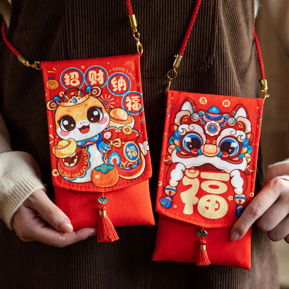 Chinese New Year Fabric Red Envelop Spring Festival Best Wishes 2025 Red Pocket Neck-hanging Cartoon Change Gifts Shoulder Bag