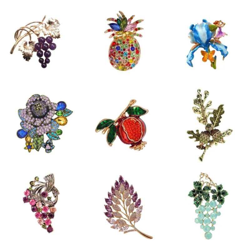 Retro Botanical Fruit Brooch Collection, Multicolor Crystal Plant Brooches Jewelry Gift for Mother & Girlfriend