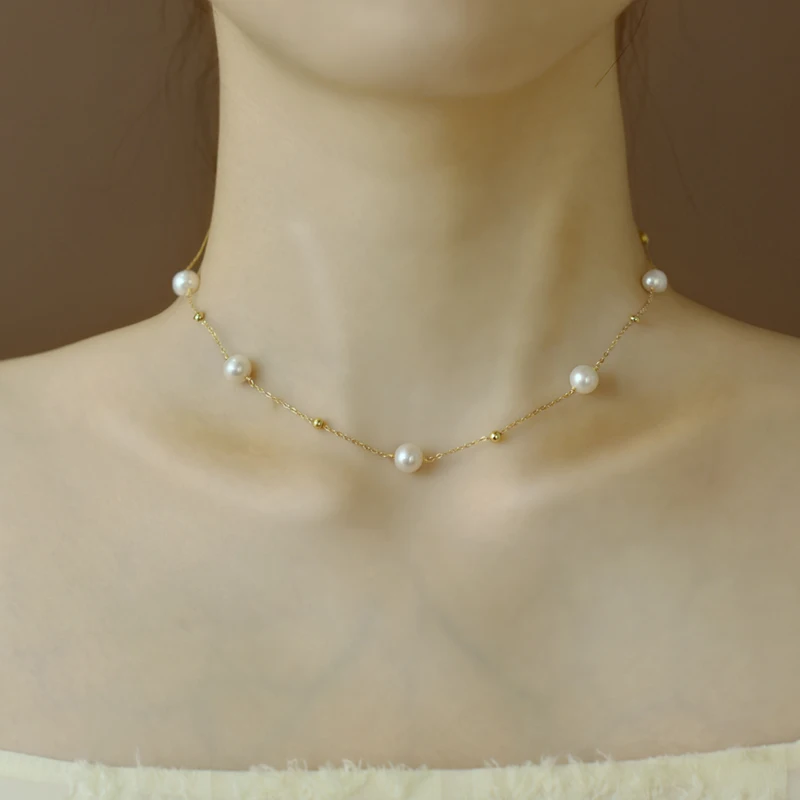 NYMPH Natural Freshwater Pearl  Necklace Fine Jewelry Near Round Shape Choker  Gold Filled Anniversary  Gift  x10013