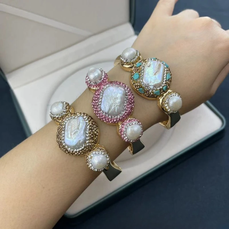New Handmade Heavy Clay Bangle With Natural Baroque Pearl, French Unique Women Wrist Jewelry