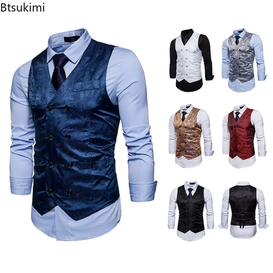 New Men's High-end Jacquard Suit Vest Fashion Double Breasted Slim Vintage Print Formal Waistcoats Men Party Wedding Vest Jacket