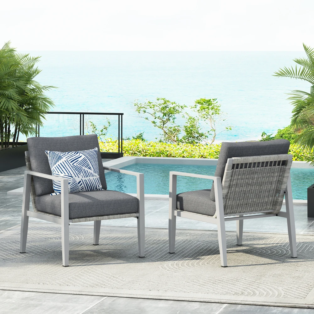 

[2-Pack] Silver Aluminum Lounge Chair: Sleek Rope Accents & Cushions – Modern Outdoor/Indoor