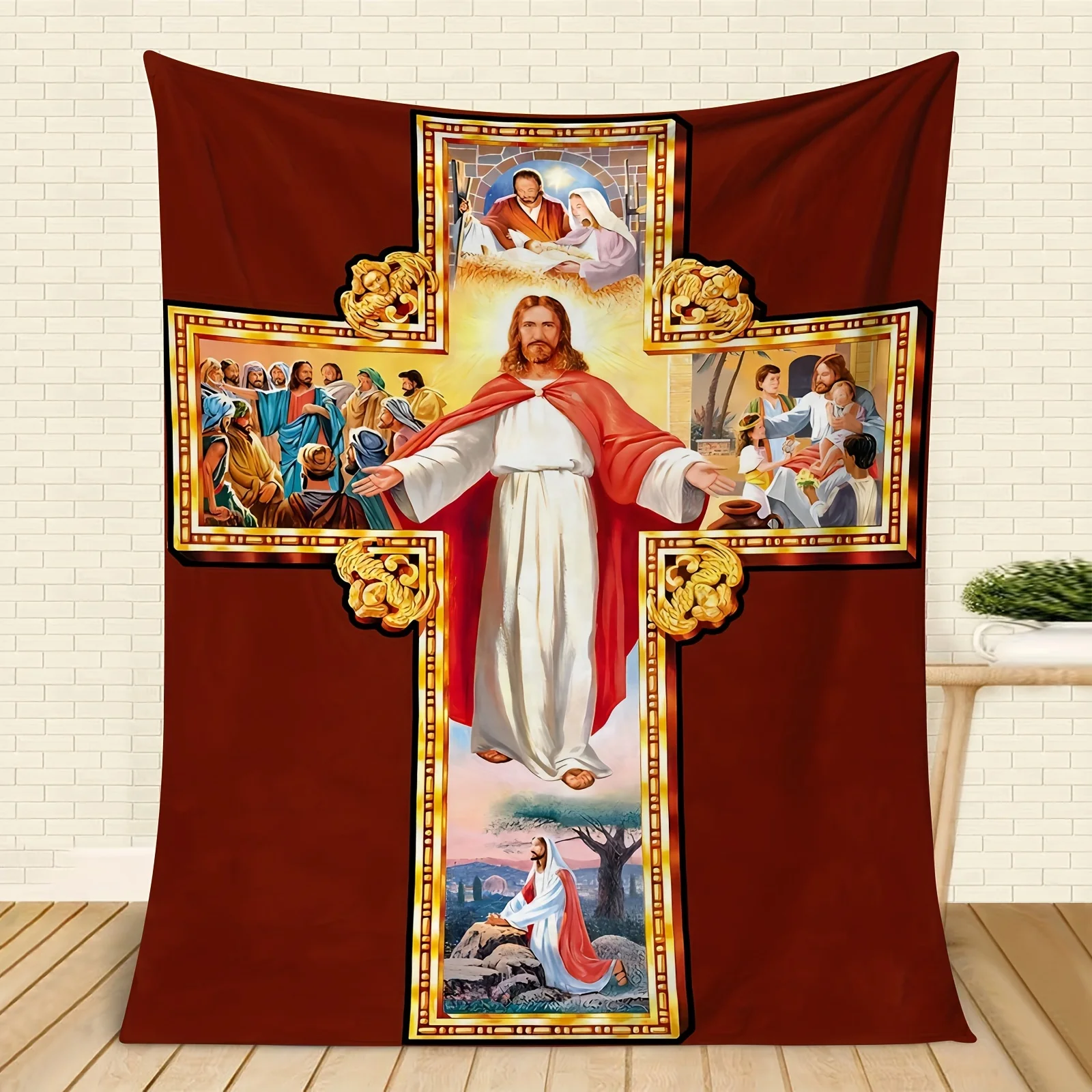 

1pc Christian Cross Fleece Blanket - Jesus/Mary/Joseph/Angels, Red/Golden, All-Season Camping/Church Decor