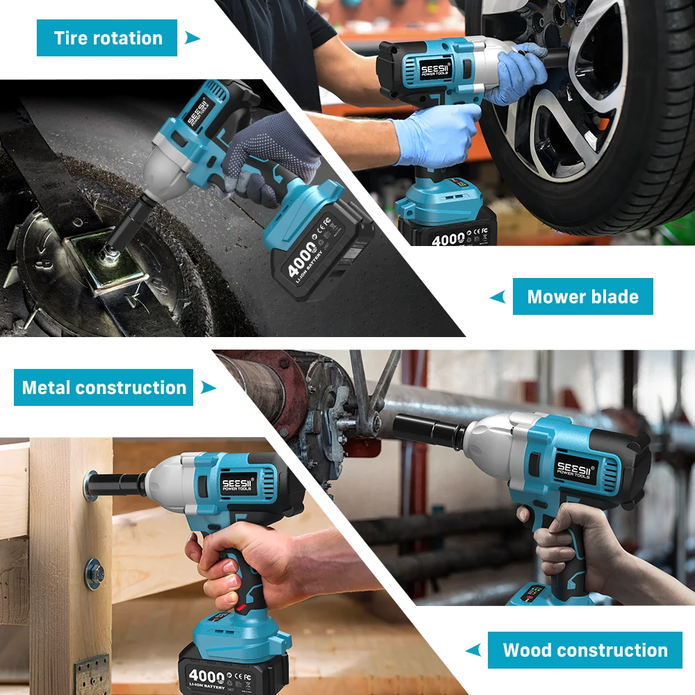 SEESII WH710 Pro 1200N.m Brushless Cordless Impact Wrench 1/2" Electric High Torque Handheld Impact Gun Kit Battery Powered Tool with 4.0Ah Battery LED Light 6 Sockets view 8