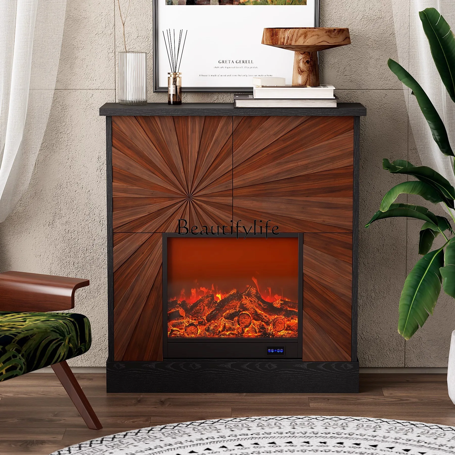 

French retro living room fireplace cabinet fireplace simulation fire decorative frame homestay villa entrance cabinet