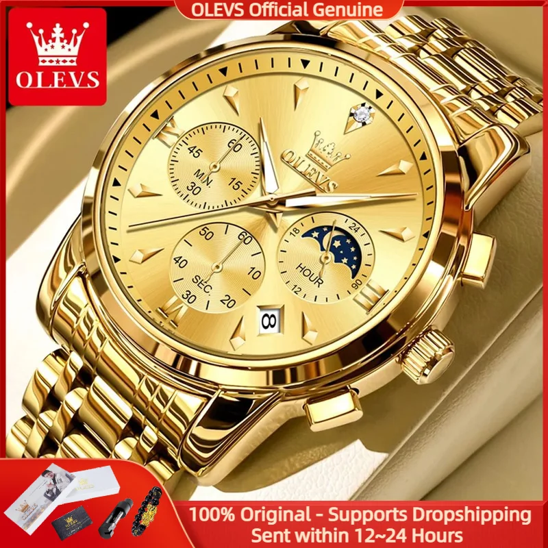 OLEVS 3639 Original Men Quartz Watch Top Waterproof Luminous Watch Multi Functional Chronograph Gold Luxury Men Moon Phase Watch