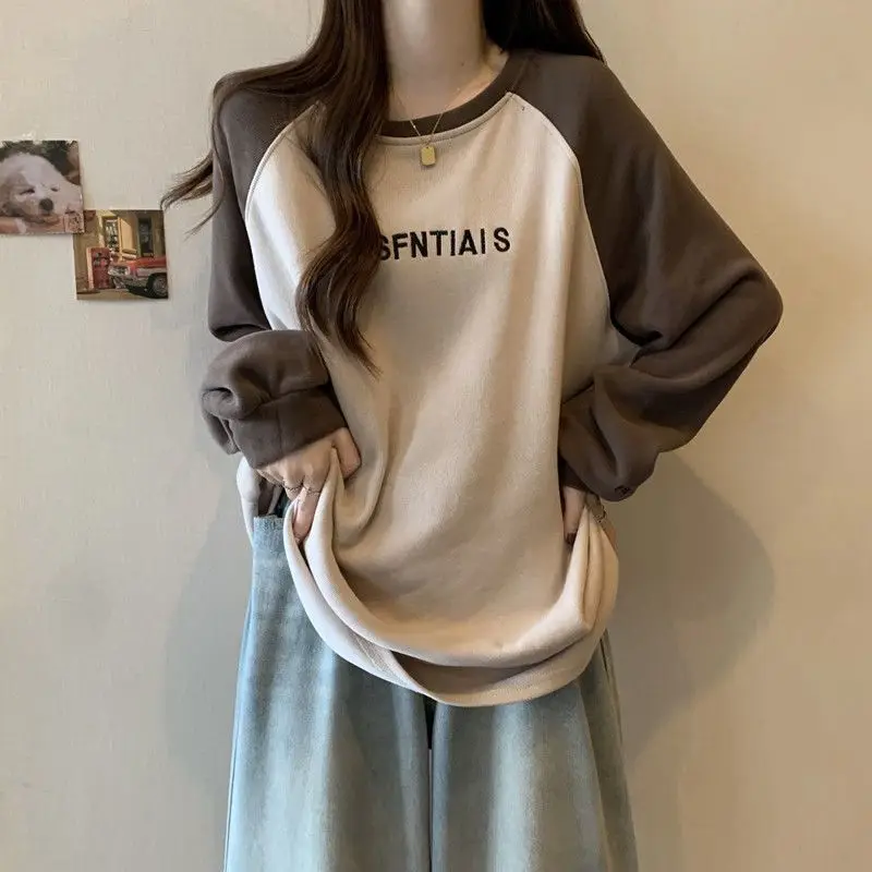 Spring Autumn New Patchwork Contrast Letter Printing Tops Long Sleeve O-neck Loose Casual T Shirts Fashion Vintage Women Clothes