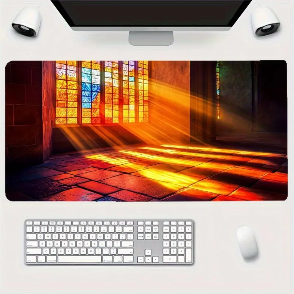 Grand tapis de souris gaming XXL en verre peint avec motif de vitrail, tapis de bureau