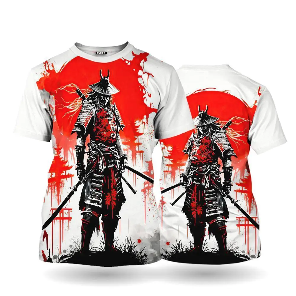 Men\'s T-Shirts Casual Short Sleeve Tops Japanese Oni Samurai Graphic Clothing Oversized Summer Apparel Male T-Shirts Streetwear