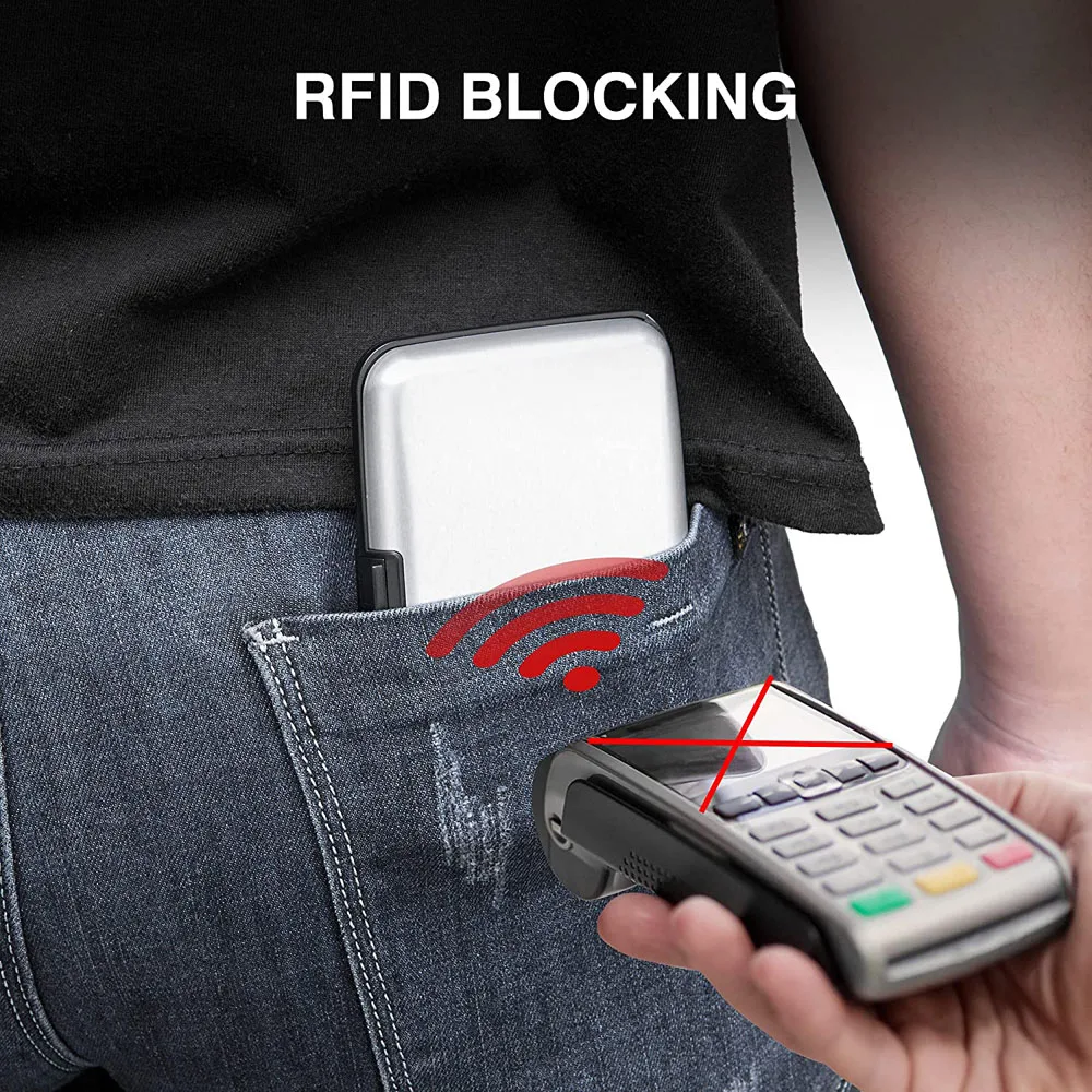 6 Kartens teck platz RFID Blocking Kreditkarten inhaber Männer Frauen Geldbörse Aluminium Metall wasserdicht Anti-Diebstahl Brieftasche Visitenkarte Fall – Detail 4
