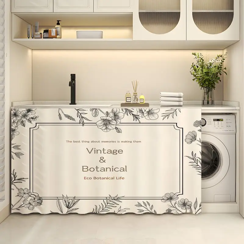 VIKAMA Gray Floral Line Art Beige Cabinet Curtain, 6 Designs, Short Curtain for Kitchen Cabinet Door Decor