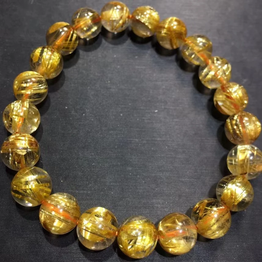 

Natural Gold Rutilated Quartz Titanium Bracelet Wealthy Woman Men 9mm Clear Round Beads Jewelry From Brazil AAAAAAA