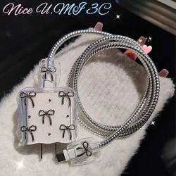 Bowknot Transparent Protective Case For Apple iPhone 16 15 18/20W Charger Protector Data Cable Wire Line Winder Bowknot Sleeve