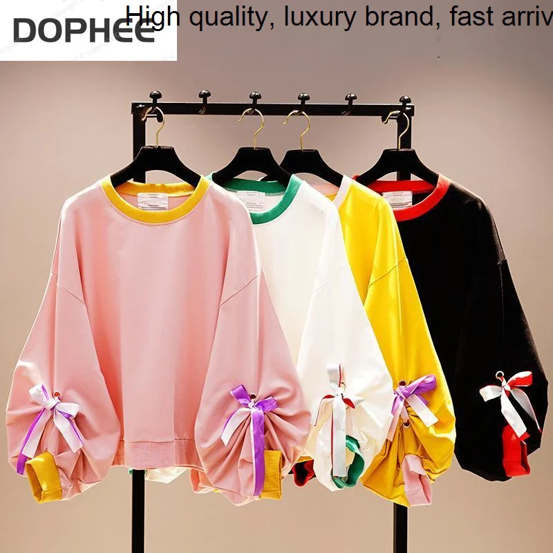 

New Autumn 2023 Women Clothes Korea Loose Batwing Bow Solid O-neck Pullover Top Lantern Sleeve T-shirt Femme Sweatshirt