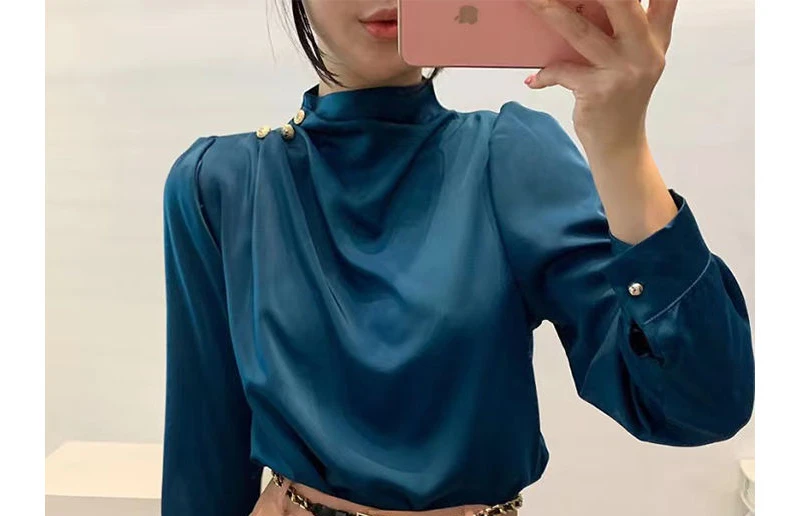 Shirts for Women 2024 Spring New Camisa Feminina Temperament High Neck Side Button Glossy Loose Sleeve Blouse Tops Blusas Mujer