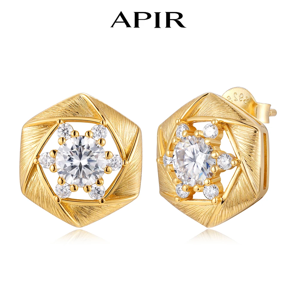 

APIR Snowflake Hexagon Moissanite Stud Earrings 925 Silver 14K Gold Plated Party Wedding Diamond Studs Luxury Jewelry for Women
