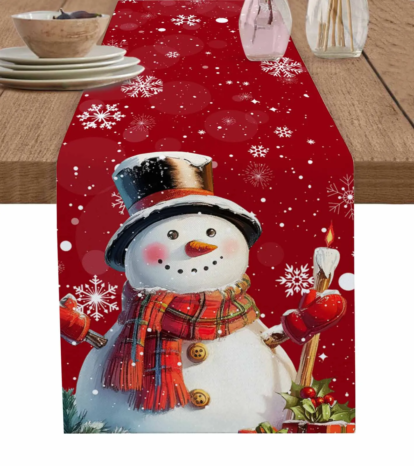 Christmas Snowman Snowflake Red Table Runner Cloth Table Decor 2024 Home Tablecloth Xmas Ornament Navidad Natal New Year Gift