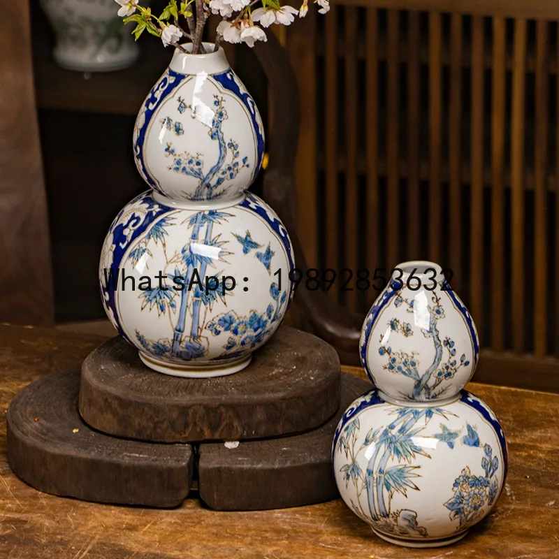 

Ceramic Vase Chinese Blue and White Porcelain Gourd Pot Flower Arrangement Accessories Flower Vase Home Decoration Accessories