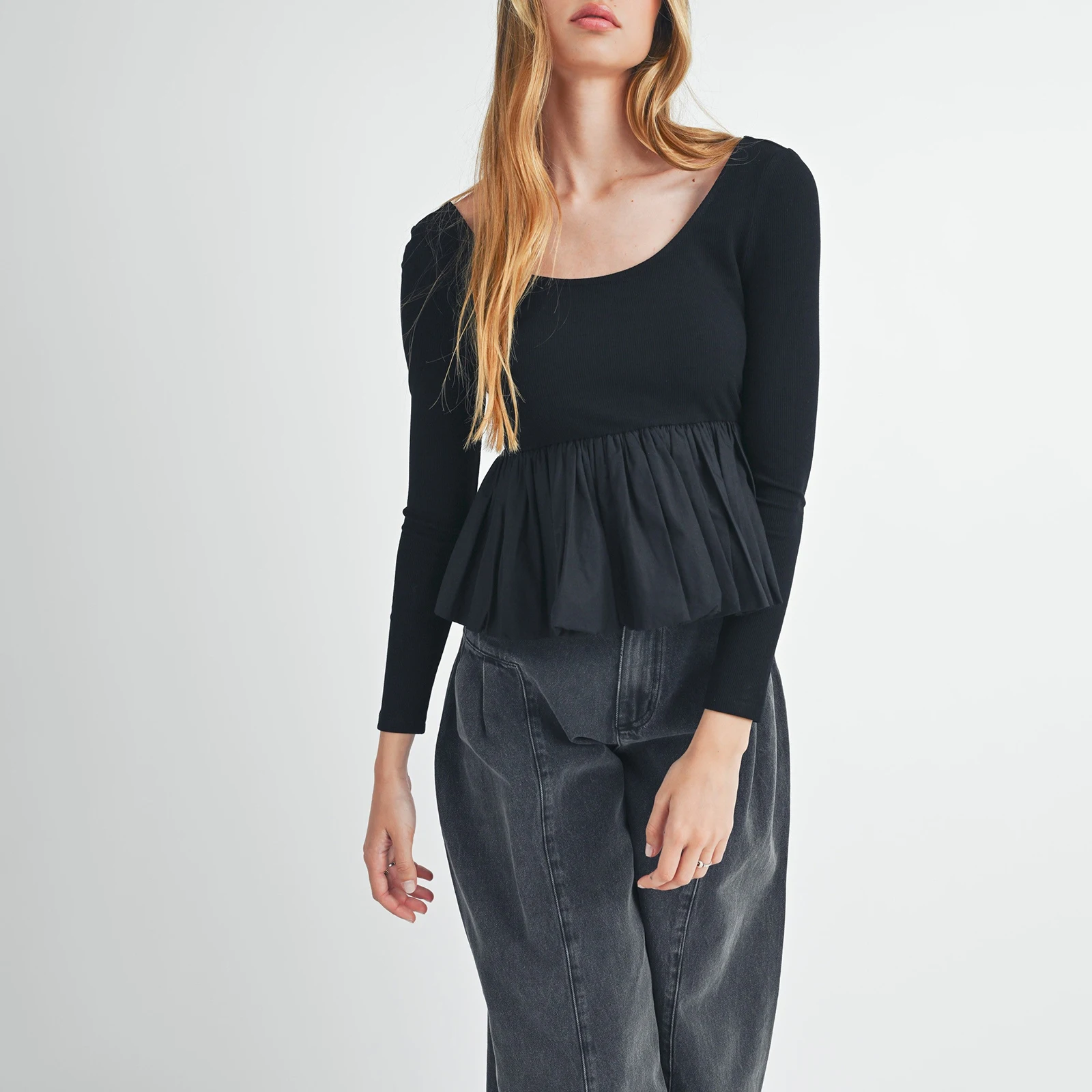 Vrouwen Peplum Tops met lange mouwen Casual effen kleur Verstoorde zoom Basic shirtblouses voor Club Streetwear Esthetische kleding