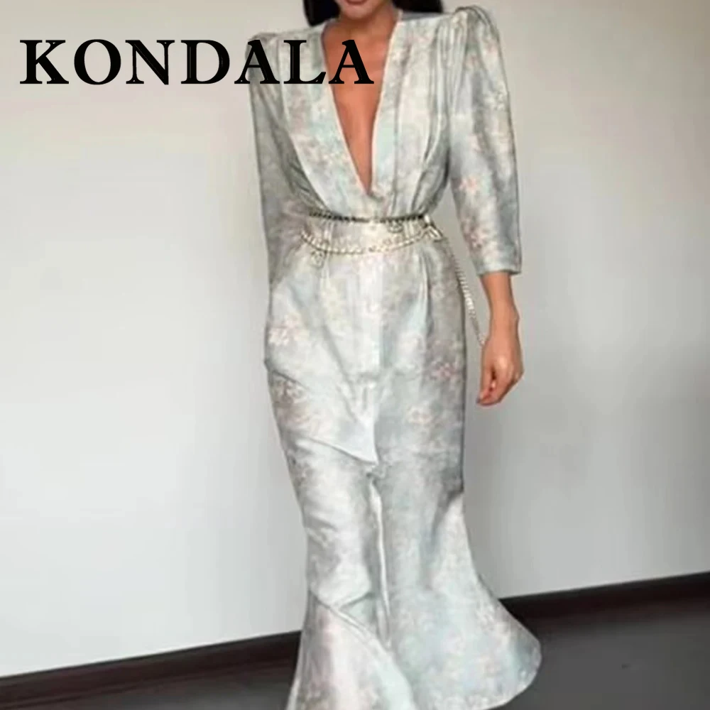 KONDALA Chic Flora Perline pieghettate Abiti da donna Elegante ospite di nozze Abito con scollo a V Party Fashion 2025 Manica a sbuffo Abiti femminili