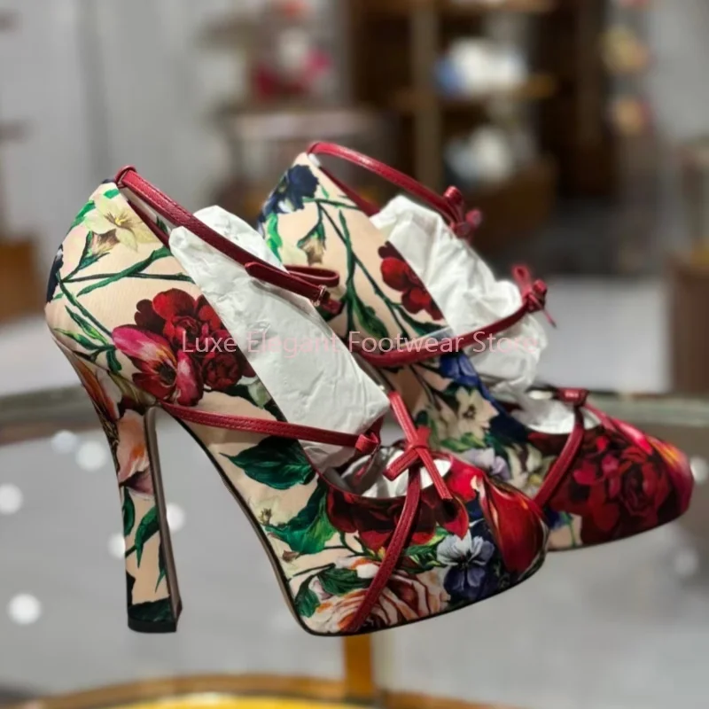 

Patchwork Flower Print Bow Strappy Mary Jane Pumps Women Hollow Block Heel Buckle Strap High Heels Retro Elegant Party Prom Shoe