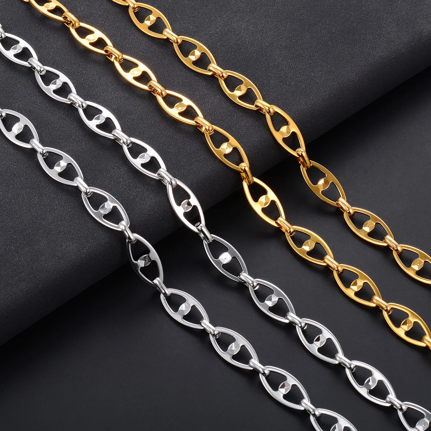 Wasserdichte Edelstahlkette mit geometrischen Gliedern, niedlichem Schweinsnase-Motiv, hohler Schnitzerei, Hip-Hop-Schmuck für Männer und Frauen – Detail 1