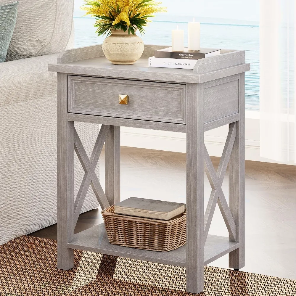 

tall nightstand with charging station, nightstand with drawer, bedside table with storage and shelf, wood mid century modern ni