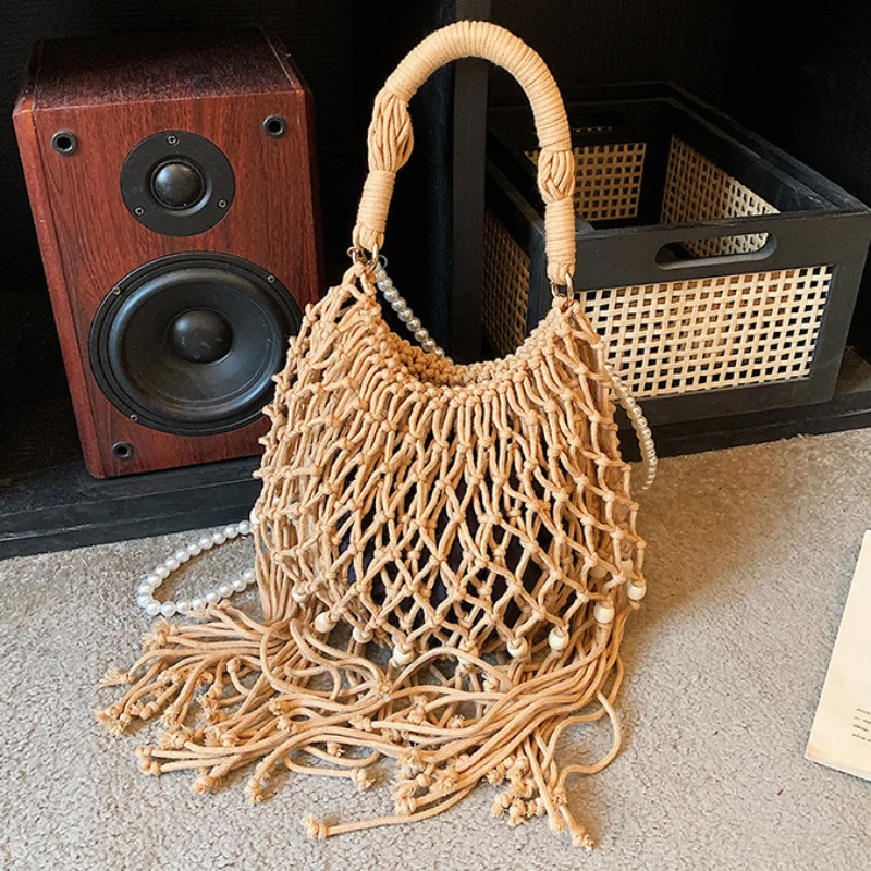 

Плетеная сумка в богемном стиле с жемчужной цепочкой, женская летняя сумка через плечо, ручной работы, легкая, повседневная, модная пляжная сумка-кроссбоди