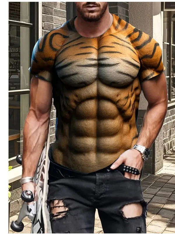 Men's Summer Creative Individual Tiger Pattern 3D Printed T-Shirt for Street Quick-Drying Breathable Outdoor Sports Short Sleeve