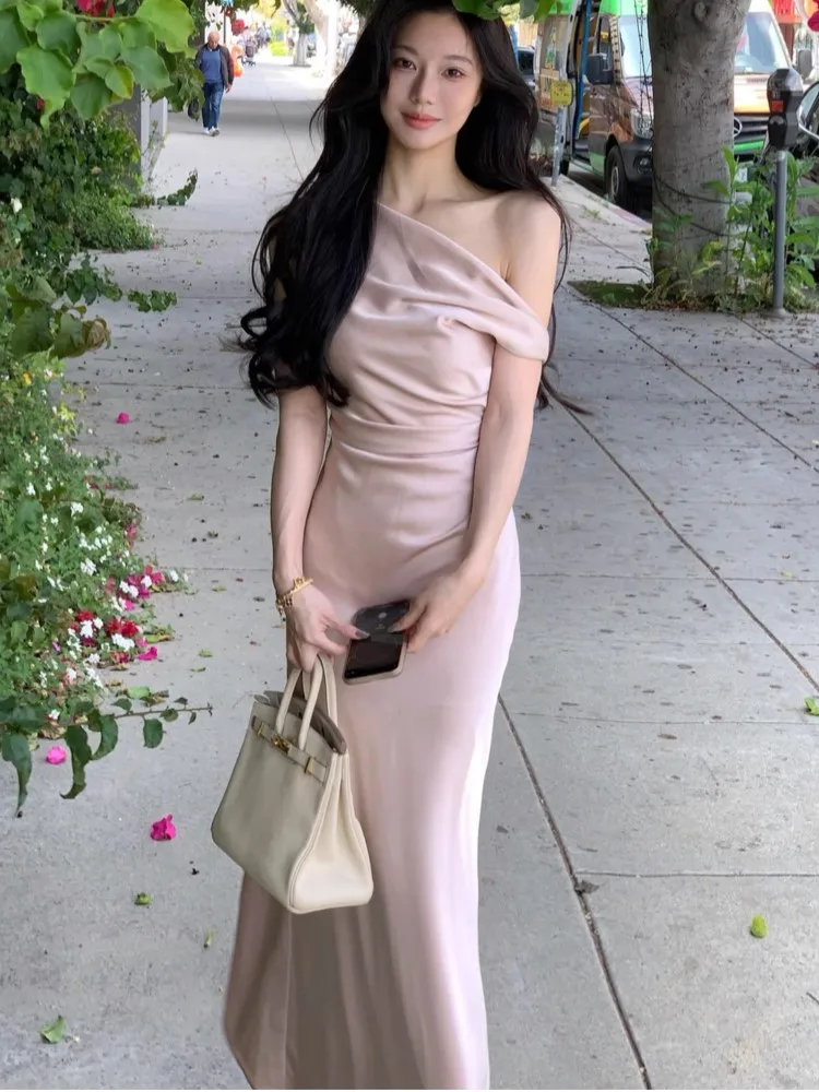 Women's Elegant Solid Evening Party Dresses Summer Fashion Korean Graduation Formal Dress Off Shoulder Slim Vestidos Clothing