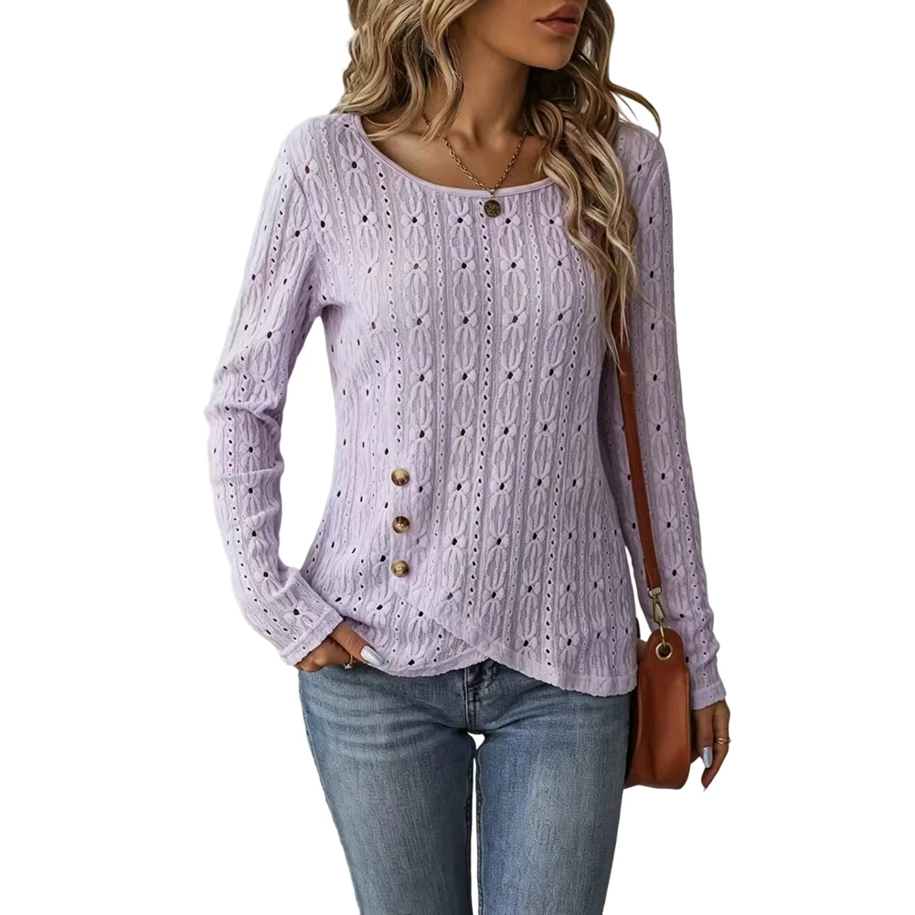 Elegant For Slim Fit Womens Jacquard Tshirt with Hollow Accents and Irregular Hem Long Sleeve Office Blouse M 2XL