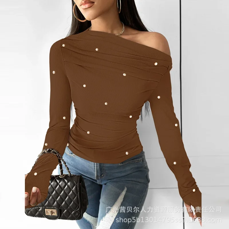 Beaded Long-sleeved Pit Strip Top Tshirts Asymmetrical Pleated Neckline Tshirt Tops Womne Sheath Solid Slim Fits Casual Tshirts