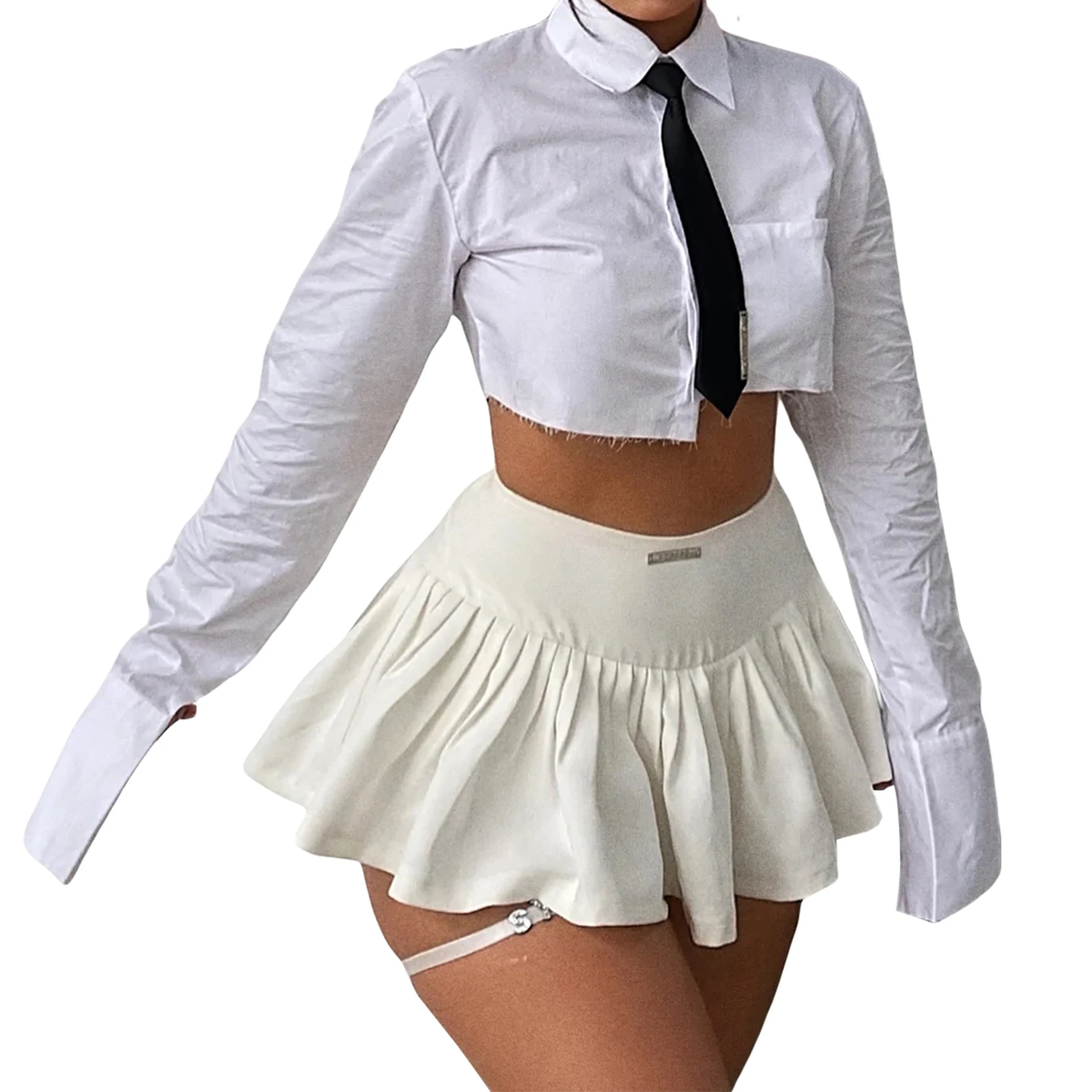 

Women Mini Pleated Skirt White Casual Low-rise Letter Label Skirt with Lining Shorts