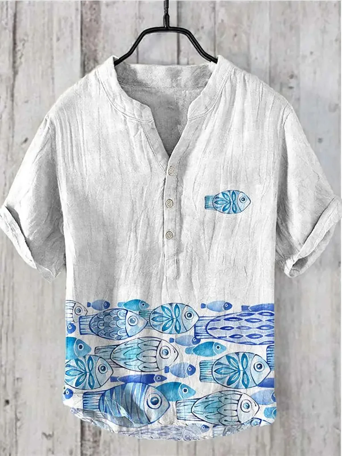 

Новинка 2024, мужская повседневная льняная рубашка с тремя пуговицами и V-образным вырезом, с 3D принтом и короткими рукавами, Гавайский стиль, большие размеры, быстрая доставка