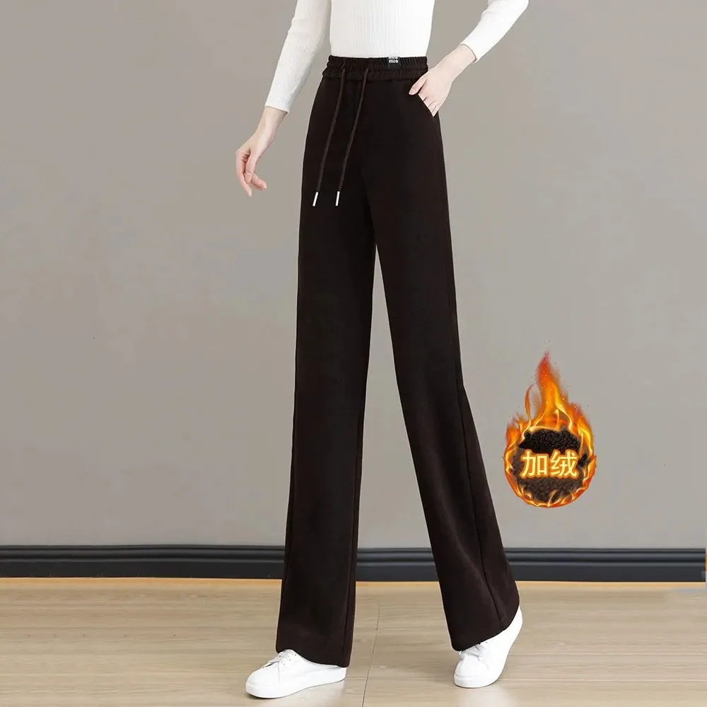 Womens Plush Thicken Sweatpant 2024 Winter Drawstring Waist Straight Loose Wide-leg Trousers Comfort Soft Casual Pants