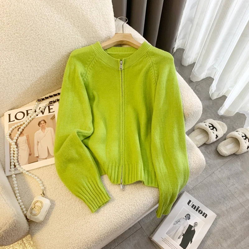

Women's Green O-Neck Cardigan Sweater Harajuku Vintage 2000s Y2k Korean Style Zippers Long Sleeve Cashmere Sweater Autumn Winter