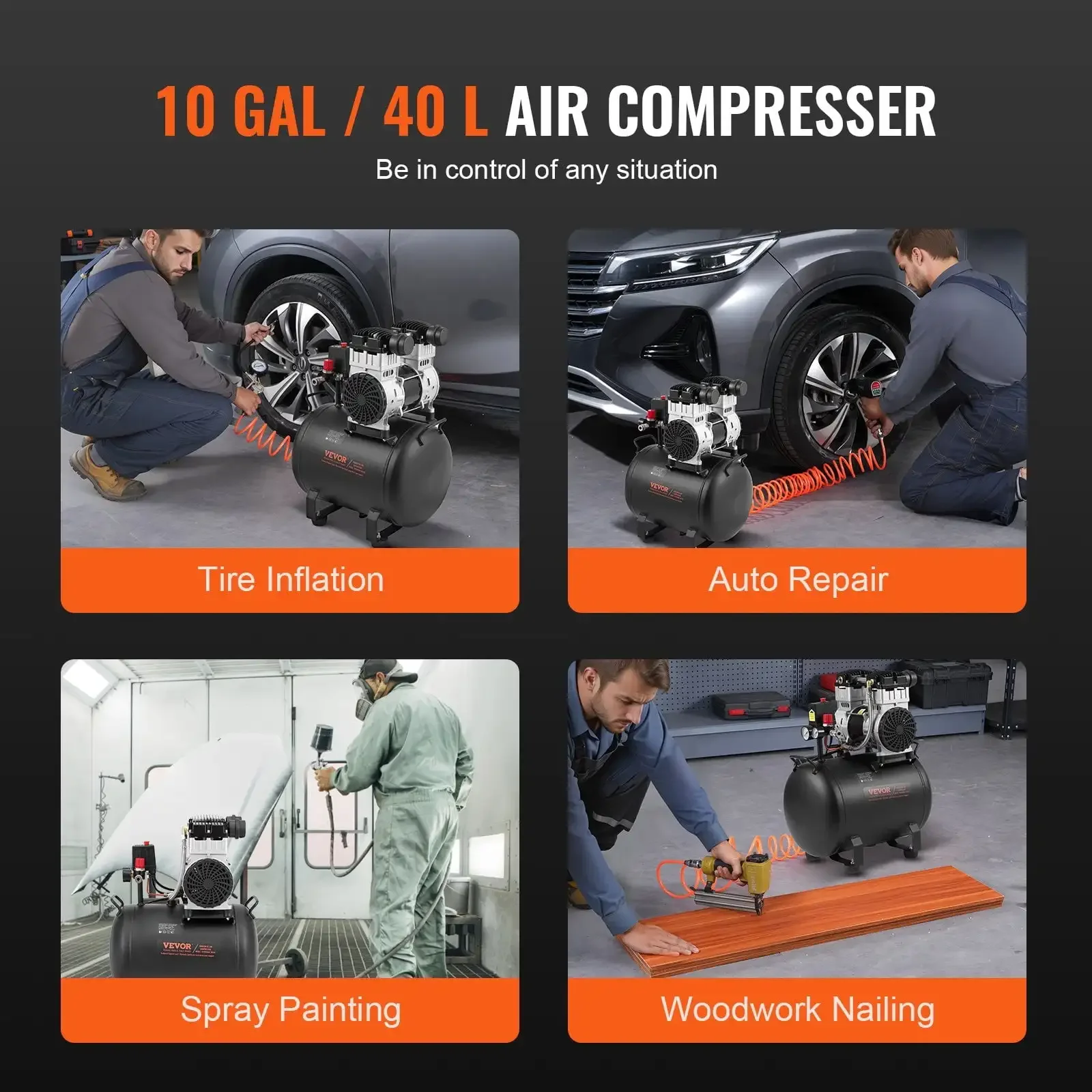 Compressor de ar compacto portátil sem óleo compressor 10 galões 90 PSI