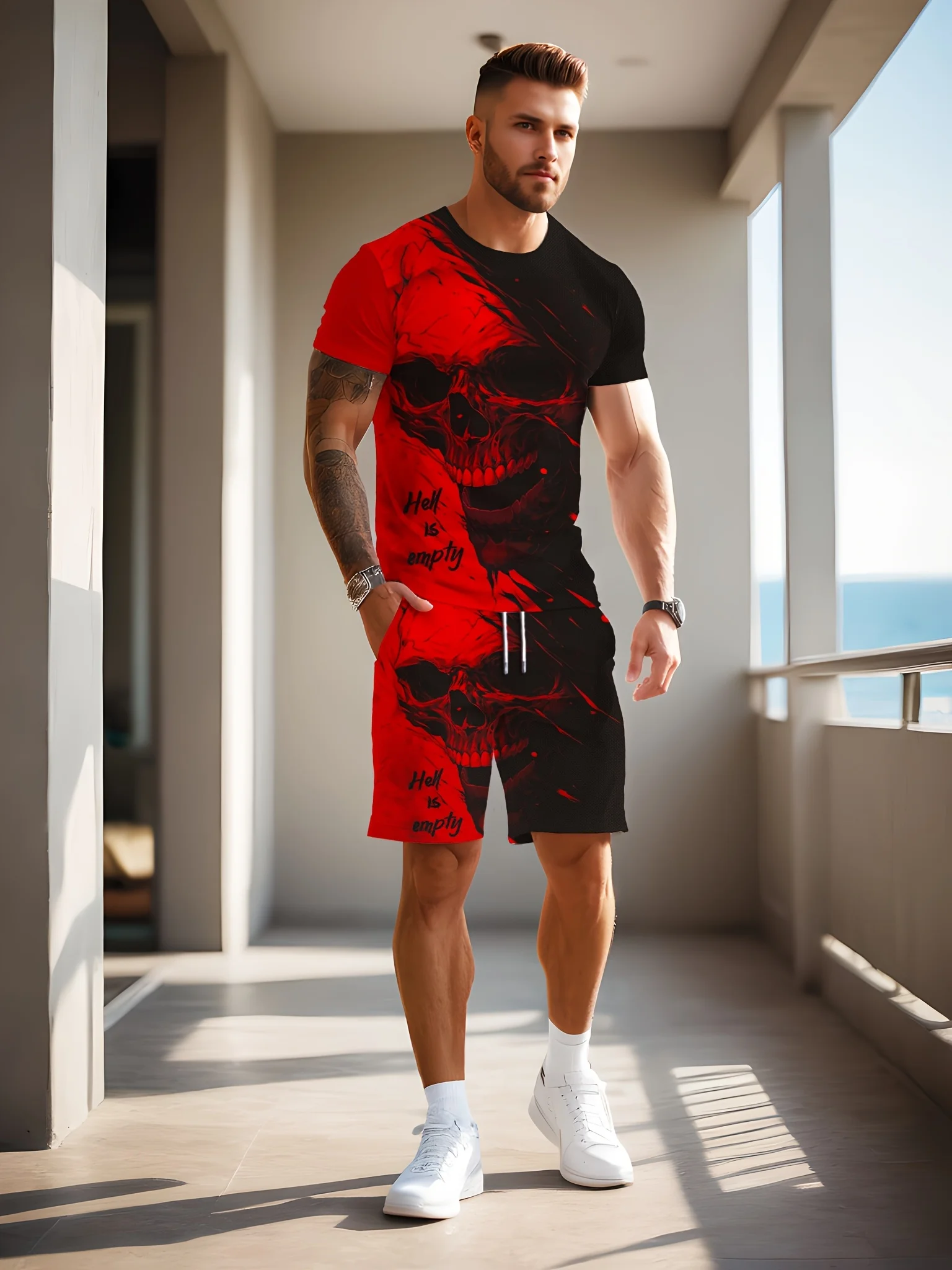 Retro Casual Sports Set with 3D Printed Pattern, Men's Summer Short Sleeved Round Neck T-shirt Color Blocking Set