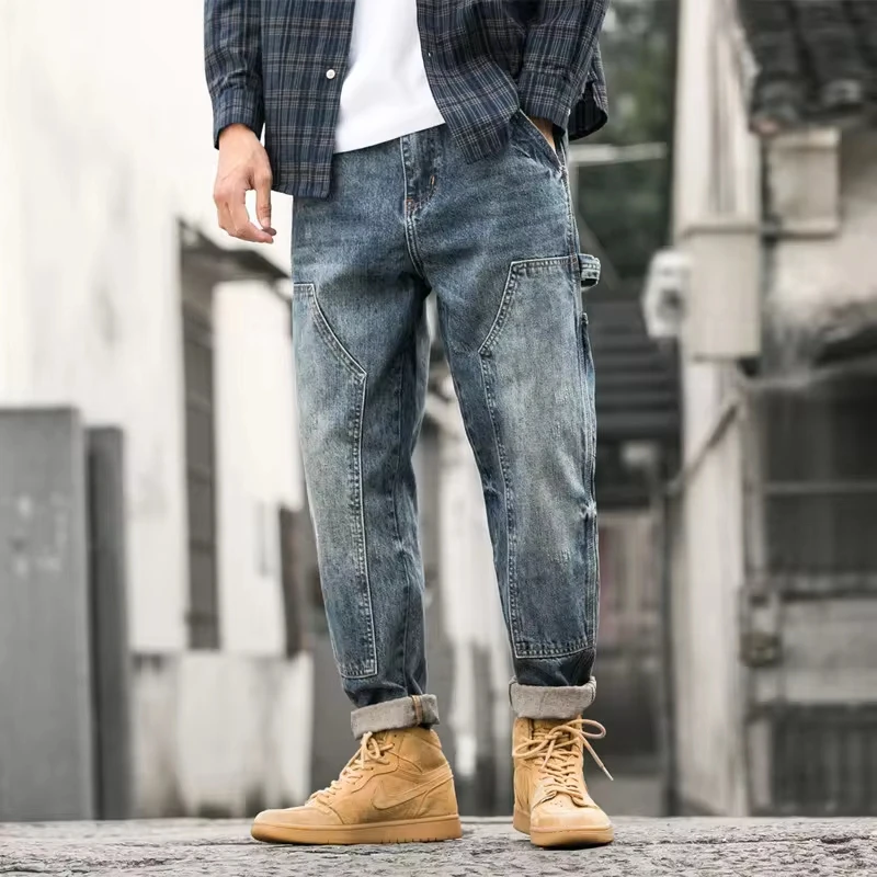 

Autumn Winter New Fashion Men's Casual Trendy Spliced Multi Pockrt Loose Blue Denim Harem Trousers Male Streetwear Jean Pants