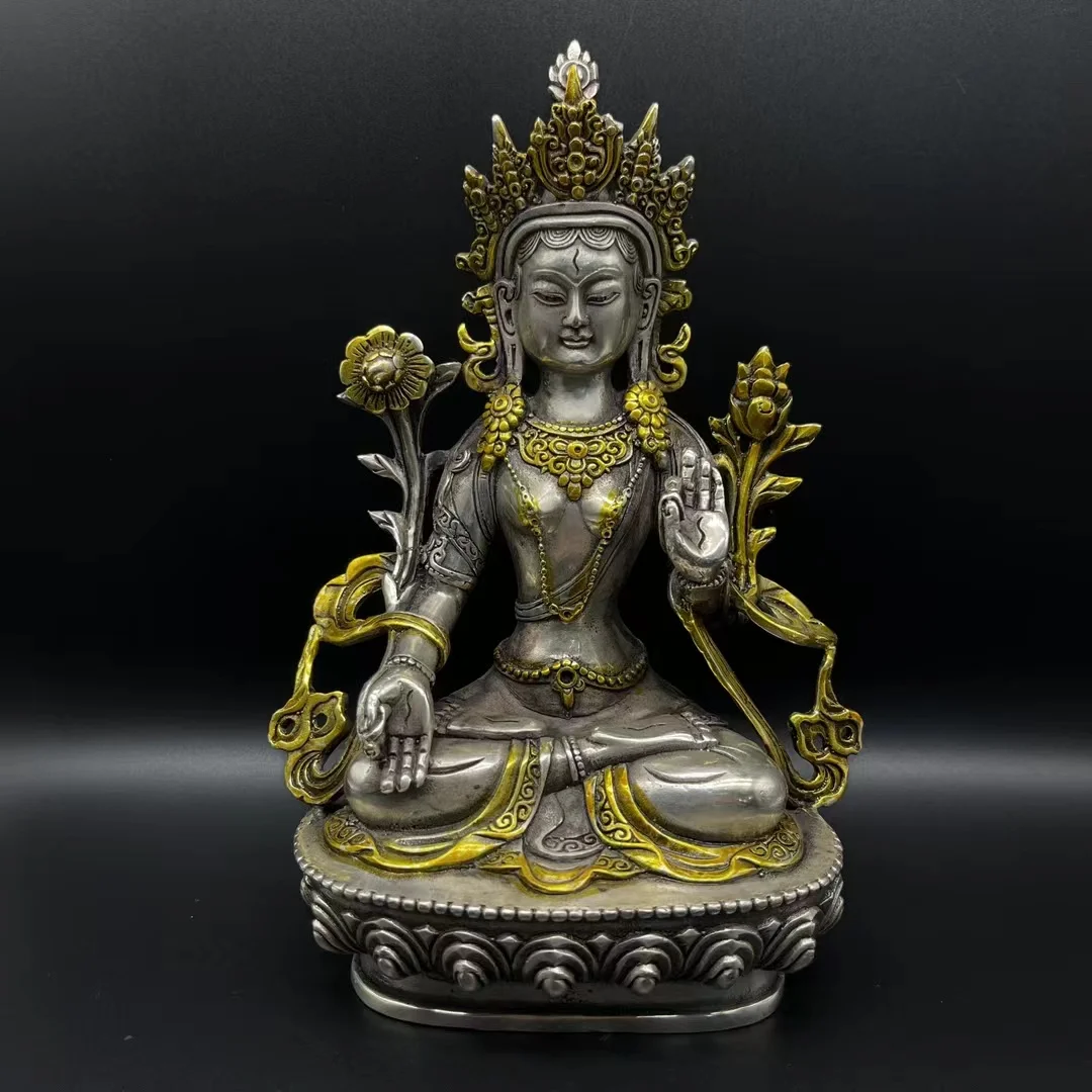 

8.66 inch/Tibet Tibetan Buddhism Silver Bodhisattva Guan Yin Buddha Statue