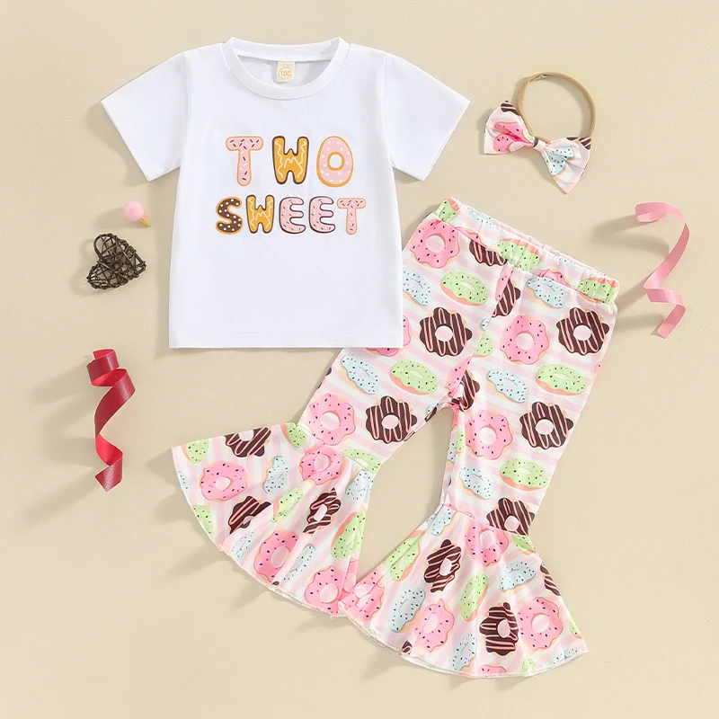 

Baby Girl 3Pcs Spring Outfits Short Sleeve T-Shirt + Doughnut Print Flare Pants + Headband Set Toddler Clothes