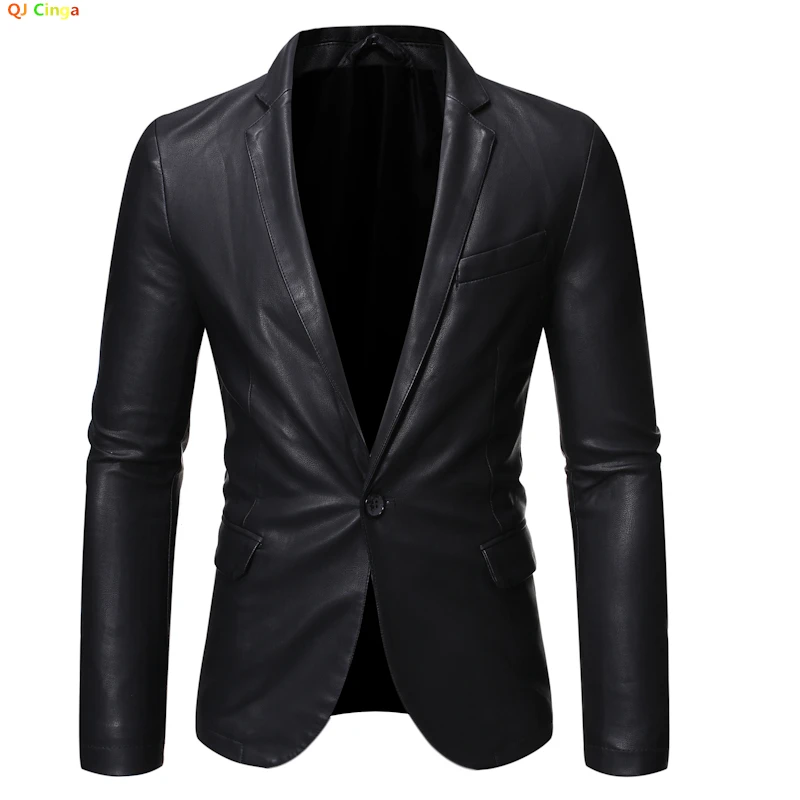 Black Single-button V-neck Blazer Jacket Men\'s, Fashion Casual PU Coat, Asian Size M-5XL, Outer Flap Pocket Decoration