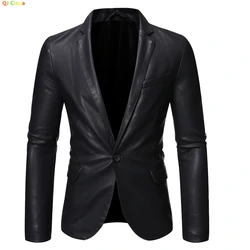 Black Single-button V-neck Blazer Jacket Men's, Fashion Casual PU Coat, Asian Size M-5XL, Outer Flap Pocket Decoration