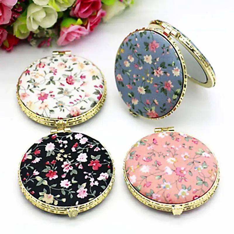 1Pc Mini Round Pocket Folding Makeup Mirror Vintage Double Sides Floral Printed