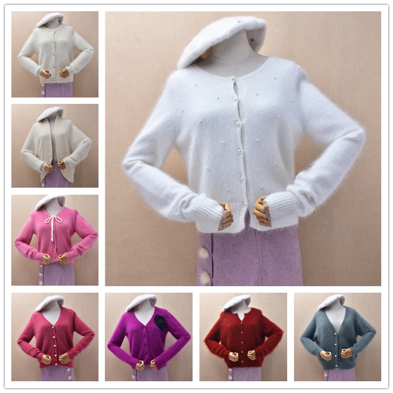 Ladies Women Spring Autumn Clothing Hairy Soft Angora Rabbit Hair Knitted Long Sleeves Short Loose Cardigans Mantle Sweater ull